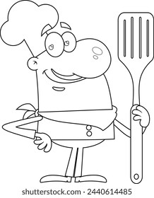 Personaje De Dibujos Animados Del Hombre Chef Sonriente Delineado Que Sostiene Una Espátula Grande. Ilustración dibujada a mano del vector aislada en fondo transparente