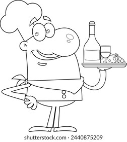 Umrissenes lächelndes Chef-Mann-Cartoon-Charakter-Halteplatte mit Wein und Käse. Vektor handgezeichnete Illustration isoliert auf transparentem Hintergrund