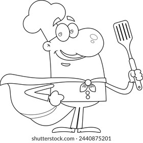 Outlined Smiling Chef Man SuperHero Cartoon Character Holding A Spatula Vector Hand Drawn Illustration Isolated On Transparent Background