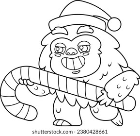Outlined Smiling Christmas Yeti Bigfoot Cartoon Character Holding Big Candy Cane. Vector Hand Drawn Illustration Isolated On Transparent Background