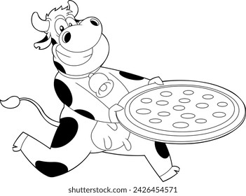 Outlined Smiling Cow Cartoon Character Running With Pepperoni Pizza. Vector Hand Drawn Illustration Isolated On Transparent Background