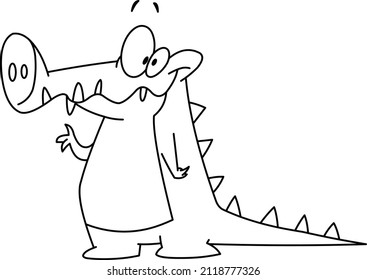 Outlined Smiling crocodile alligator waving with his hand. Vector line art illustration coloring page.