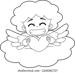 Outlined Smiling Cupid Baby Cartoon Character On Cloud With Heart. Vector Hand Drawn Illustration Isolated On Transparent Background