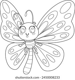 Outlined Smiling Cute Butterfly Cartoon Character Flying. Vector Hand Drawn Illustration Isolated On Transparent Background