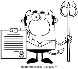Outlined Smiling Devil Boss With A Trident Holds Up A Contract