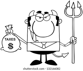 Outlined Smiling Devil With A Trident And Holding Taxes Bag