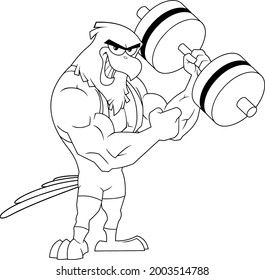 Caricatura De Aguila Sonriente Específica De Caricatura De Eagle Bodybuilder Con Gran Dumbbell. Ilustración dibujada a mano vectorial aislada en fondo transparente