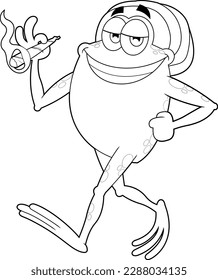 Outlined Smiling Frog Cartoon Character Walking And Smoking A Joint. Vector Hand Drawn Illustration Isolated On Transparent Background