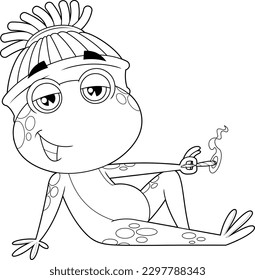 Caricatura De Rana Sonriente Esclarecida Fumando Una Articulación. Ilustración dibujada a mano vectorial aislada en fondo transparente