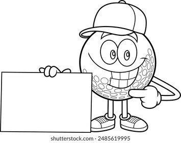 Personaje De Dibujos Animados De Pelota De Golf Sonriente Delineado Que Apunta A Un Signo En Blanco. Vector Dibujado A Mano Ilustración Aislado Sobre Fondo Transparente