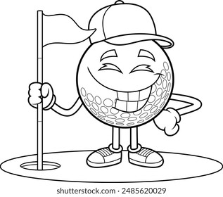 Personaje de dibujos animados de bola de golf sonriente delineado que sostiene la bandera de golf. Vector Dibujado A Mano Ilustración Aislado Sobre Fondo Transparente