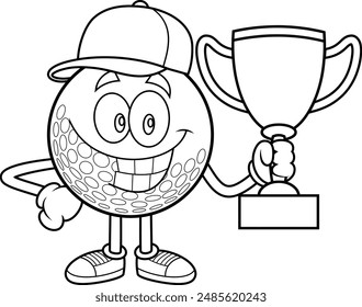 Outlined Smiling Golf Ball Cartoon Character Holding A Gold Cup Trophy. Vector Hand Drawn Illustration Isolated On Transparent Background
