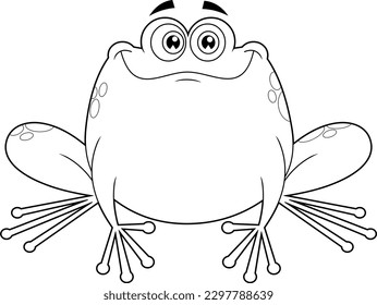 Outlined Smiling Green Frog Cartoon Character. Vector Hand Drawn Illustration Isolated On Transparent Background