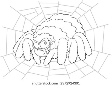 Outlined Smiling Halloween Spider Cartoon Character On A Web. Vector Hand Drawn Illustration Isolated On Transparent Background