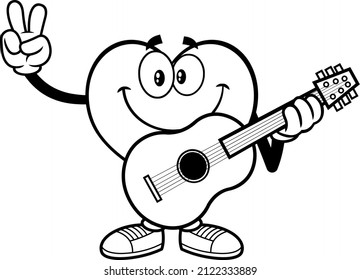Outlined Smiling Heart Cartoon Character With Guitar Showing Peace Hand Sign. Vector Hand Drawn Illustration Isolated On White Background