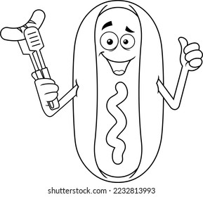 Outlined Smiling Hot Dog Cartoon Character Holding A Sausage On A Fork. Vector Hand Drawn Illustration Isolated On Transparent Background