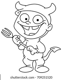 Outlined smiling kid in a devil costume celebrating Halloween. Vector illustration coloring page.