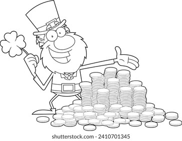 Caricatura De Leprechaun Sonriente Específico Con Shamrock Y Pile De Monedas De Oro. Ilustración dibujada a mano vectorial aislada en fondo transparente