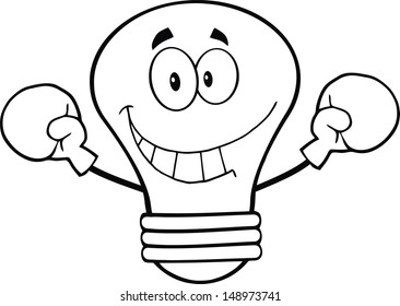 Outlined Smiling Light Bulb Cartoon Character Wearing Boxing Gloves