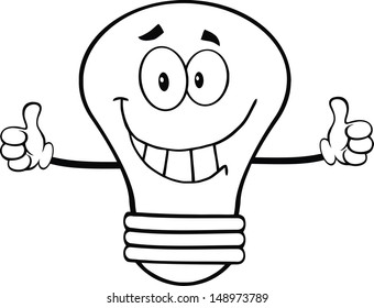 Outlined Smiling Light Bulb Character Giving A Double Thumbs Up