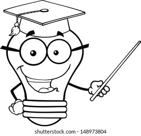 Outlined Smiling Light Bulb Teacher Character With A Pointer