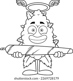Caricatura De Marihuana Bud Sonriente Con Un Gran Conjunto. Ilustración dibujada a mano vectorial aislada en fondo transparente