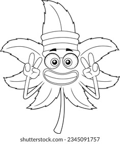 Lächelnder Marijuana Leaf Cartoon-Charakter, der das Zeichen des Friedens zeigt. handgezeichnete Vektorgrafik einzeln auf transparentem Hintergrund