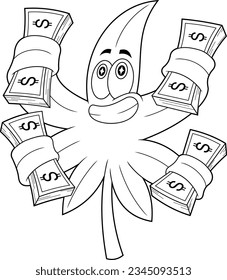 Outlined Smiling Marijuana Leaf Cartoon Character Holding Wads Of Dollars. Vector Hand Drawn Illustration Isolated On Transparent Background