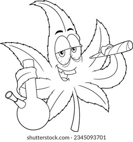Lächeln Marijuana Leaf Cartoon Charakter, der ein Bong hält und rauchen ein Joint. handgezeichnete Vektorgrafik einzeln auf transparentem Hintergrund