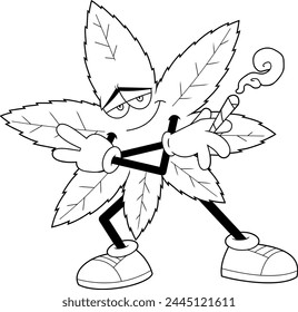 Outlined Smiling Marijuana Leaf Cartoon Character With A Joint Danced. Vector Hand Drawn Illustration Isolated On Transparent Background