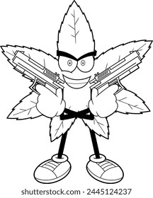 Outlined Smiling Marijuana Leaf Cartoon Character With Two Guns. Vector Hand Drawn Illustration Isolated On Transparent Background