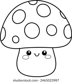 Umrissener lächelnder Pilzcharakter im Kawaii-Stil, Vektorgrafik Line Art Illustration Malseite.