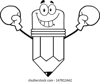 Outlined Smiling Pencil Cartoon Character Wearing Boxing Gloves