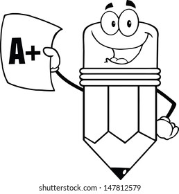 Outlined Smiling Pencil Holding An A Plus Report Card