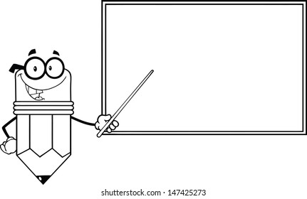 Outlined Smiling Pencil Teacher Character With A Pointer In Front Of Chalkboard