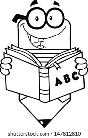 Outlined Smiling Pencil Teacher Character Reading A School Book