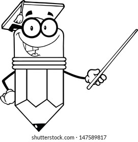 Outlined Smiling Pencil Teacher  With Graduate Hat Holding A Pointer