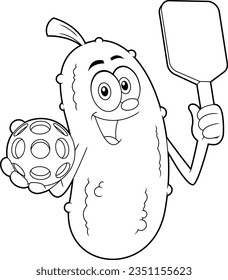 Outlined Smiling Pickle Cartoon Character Holding A Pickleball Ball And Paddle Racket. Vector Hand Drawn Illustration Isolated On Transparent Background