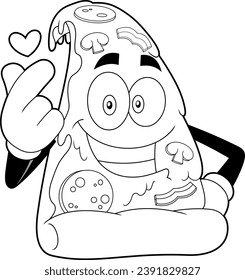 Outlined Smiling Pizza Slice Cartoon Character Giving Heart. Vector Hand Drawn Illustration Isolated On Transparent Background