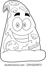 Outlined Smiling Pizza Slice Cartoon Character. Vector Hand Drawn Illustration Isolated On Transparent Background