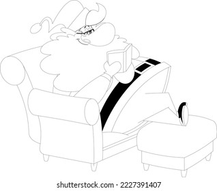 Outlined Smiling Santa Claus Cartoon Character Reads A Holy Bible. Vector Hand Drawn Illustration Isolated On Transparent Background