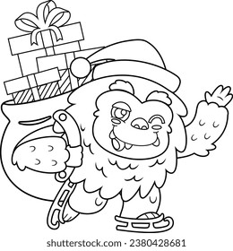 Outlined Smiling Santa Yeti Bigfoot Cartoon Character With Christmas Bag Waving. Vector Hand Drawn Illustration Isolated On Transparent Background