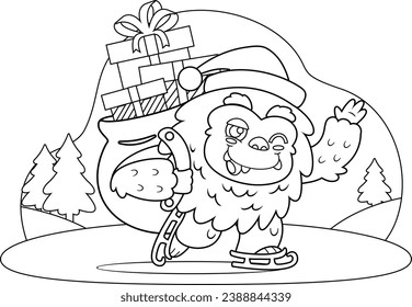 Outlined Smiling Santa Yeti Bigfoot Cartoon Character With Christmas Bag Waving. Vector Hand Drawn Illustration Isolated On Transparent Background