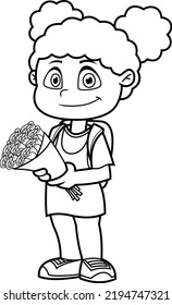 Outlined Smiling School Girl Cartoon Character With Backpack Carrying A Bouquet Of Flowers. Vector Hand Drawn Illustration Isolated On Transparent Background