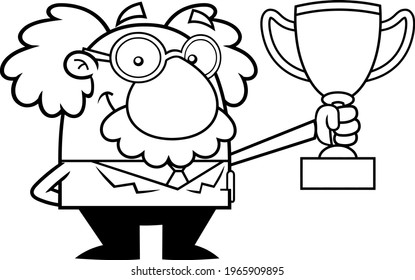 Outlined Smiling Science Professor Cartoon Character Holding A Big Cup. Vector Hand Drawn Illustration Isolated On Transparent Background