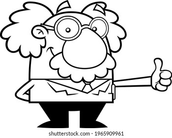 Outlined Smiling Science Professor Cartoon Character Showing Thumbs Up. Vector Hand Drawn Illustration Isolated On Transparent Background