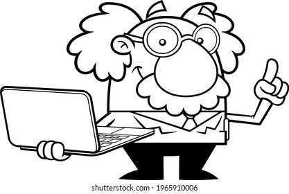 Outlined Smiling Science Professor Cartoon Character With Laptop Pointing. Vector Hand Drawn Illustration Isolated On Transparent Background