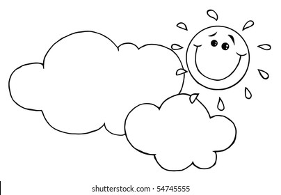 Outlined Smiling Sun Behind Cloud Cartoon Character