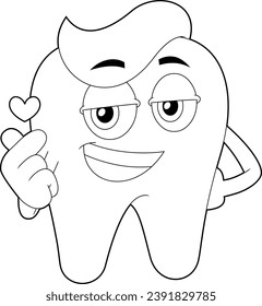 Outlined Smiling Tooth Cartoon Character Giving Heart. Vector Hand Drawn Illustration Isolated On Transparent Background