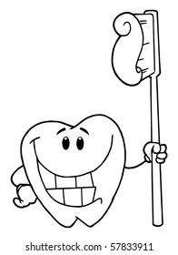 Outlined  Smiling Tooth With  Toothbrush